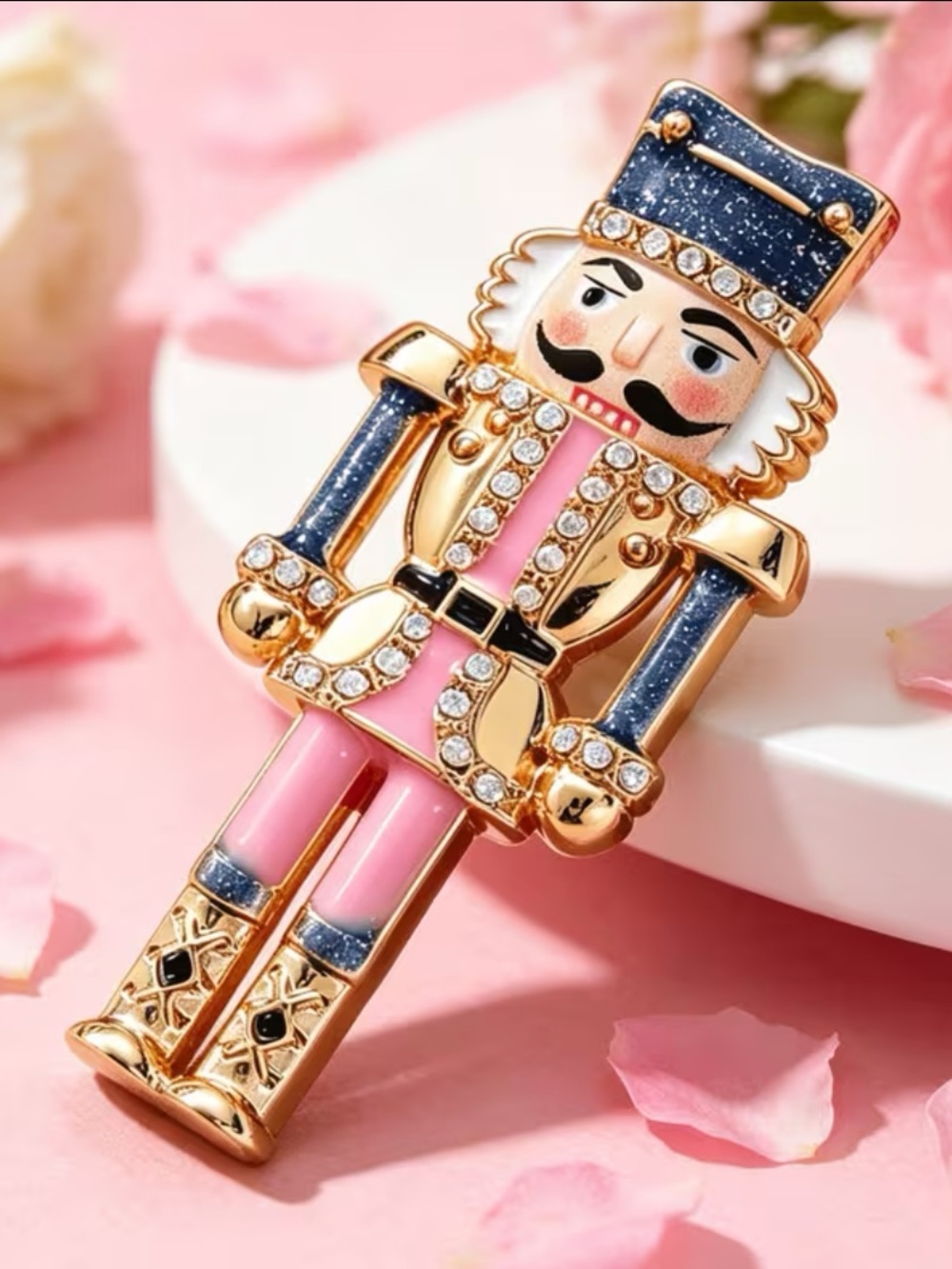 Gold Nutcracker Brooch Pin with Pink and Navy Enamel